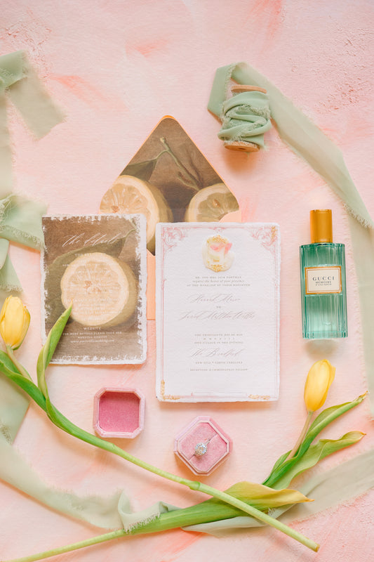 Hand painted, rollable styling mat for wedding photography|Coral