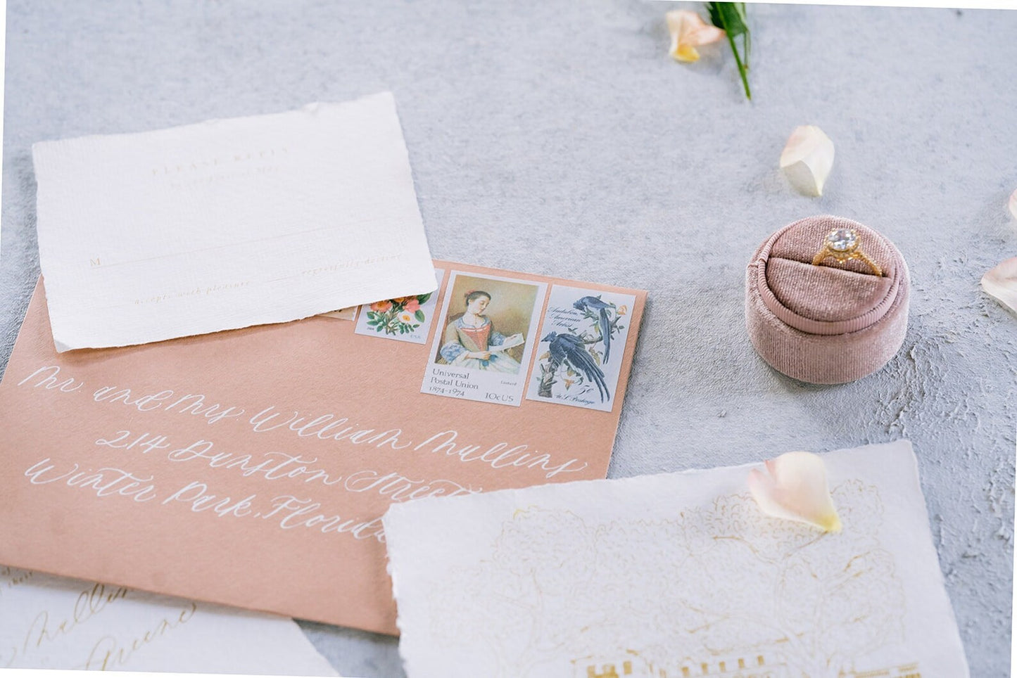 Hand painted, rollable styling mat for wedding photography|neutral light blue