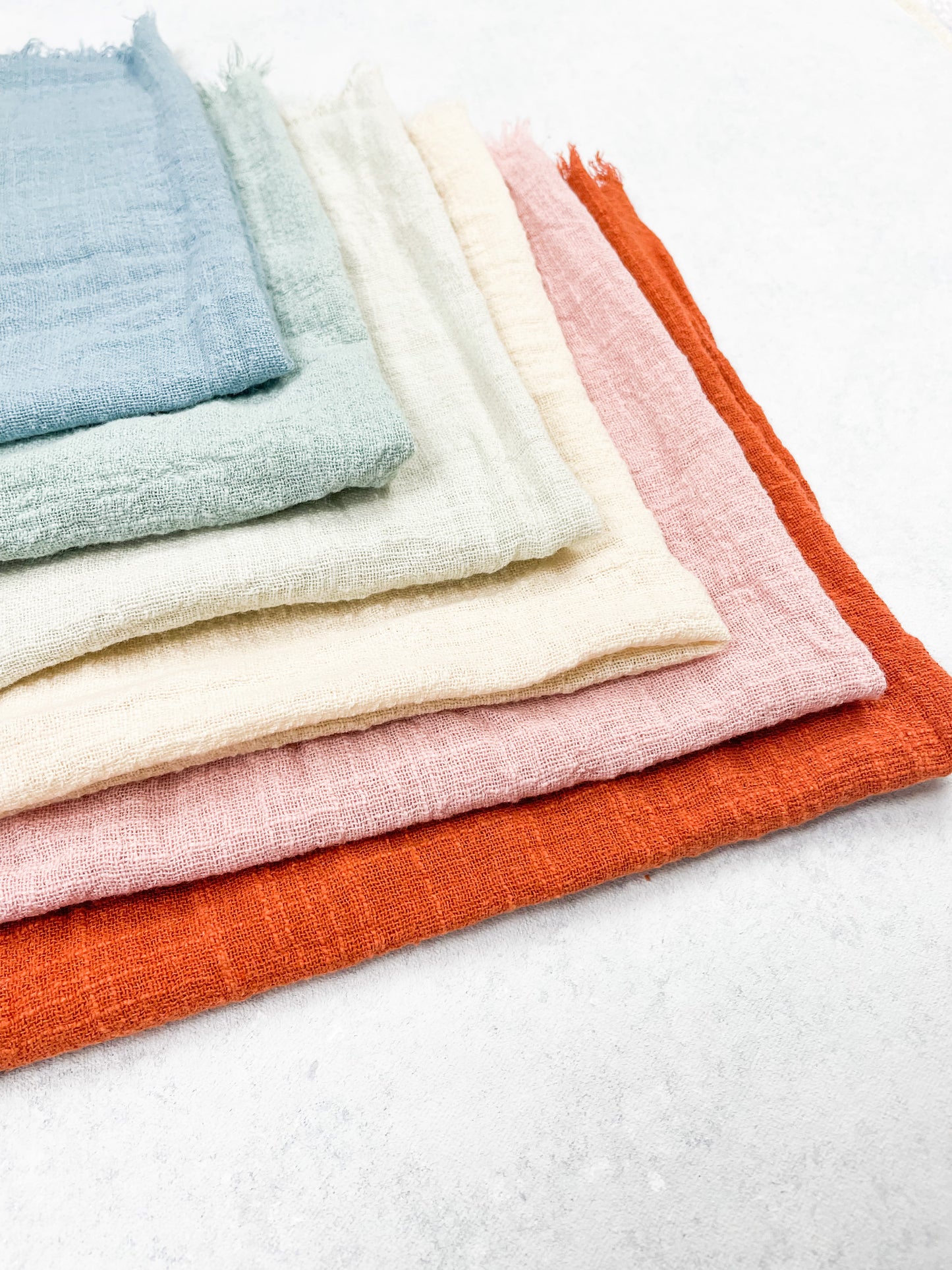 Set of 6 Gauze Napkins for Flat Lays | Wedding Flat Lay Props | Flat Lay Styling | Cream, Sage Green, Rust, Seafoam,Dusty Blue,Dusty Rose