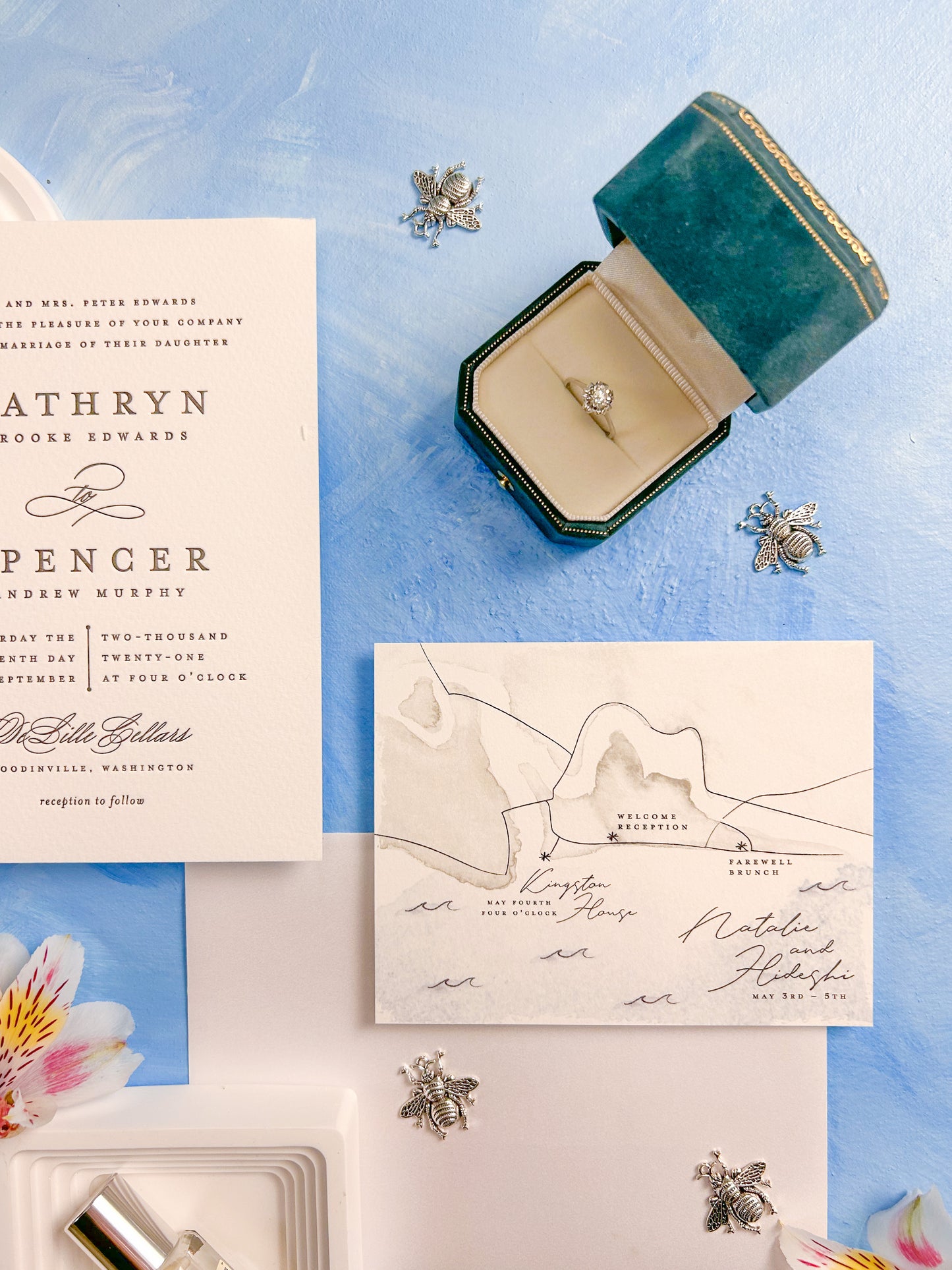 Hand painted, rollable styling mat for wedding photography|Sky Blue